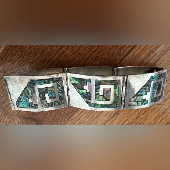 Rare Vintage Silver Mexico Abalone Shell Six Panel Link Bracelet - Picture 7 of 8
